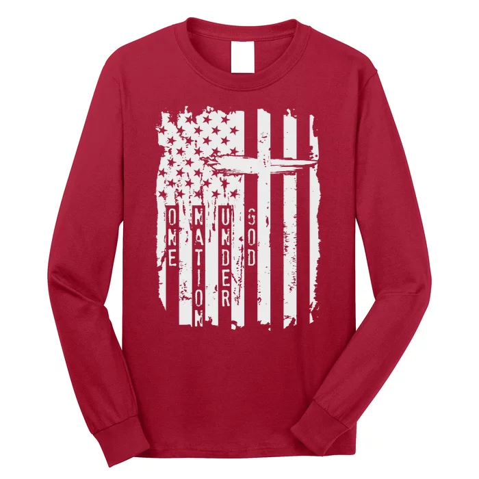 One Nation Under God Grunge Distressed USA American Flag Long Sleeve Shirt