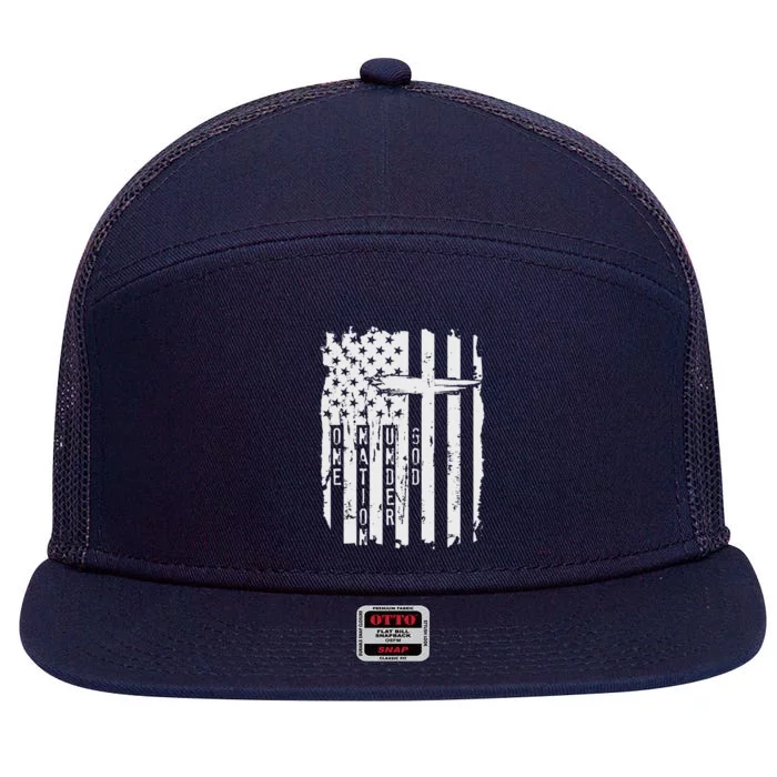 One Nation Under God Grunge Distressed USA American Flag 7 Panel Mesh Trucker Snapback Hat