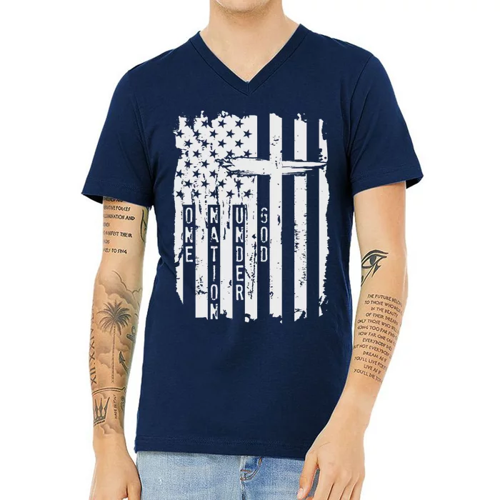 One Nation Under God Grunge Distressed USA American Flag V-Neck T-Shirt