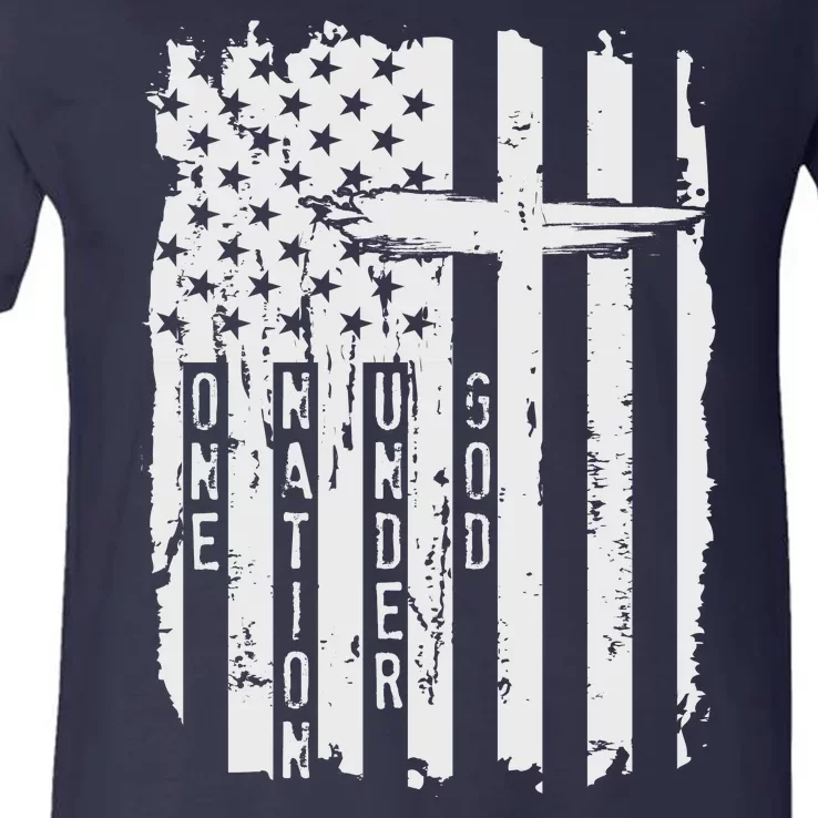 One Nation Under God Grunge Distressed USA American Flag V-Neck T-Shirt