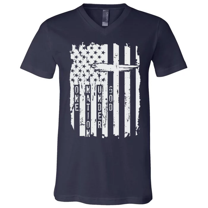 One Nation Under God Grunge Distressed USA American Flag V-Neck T-Shirt