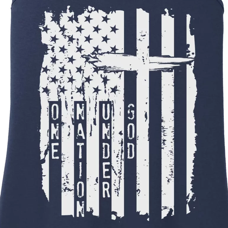 One Nation Under God Grunge Distressed USA American Flag Ladies Essential Tank