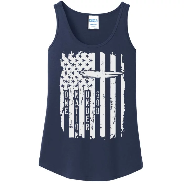 One Nation Under God Grunge Distressed USA American Flag Ladies Essential Tank