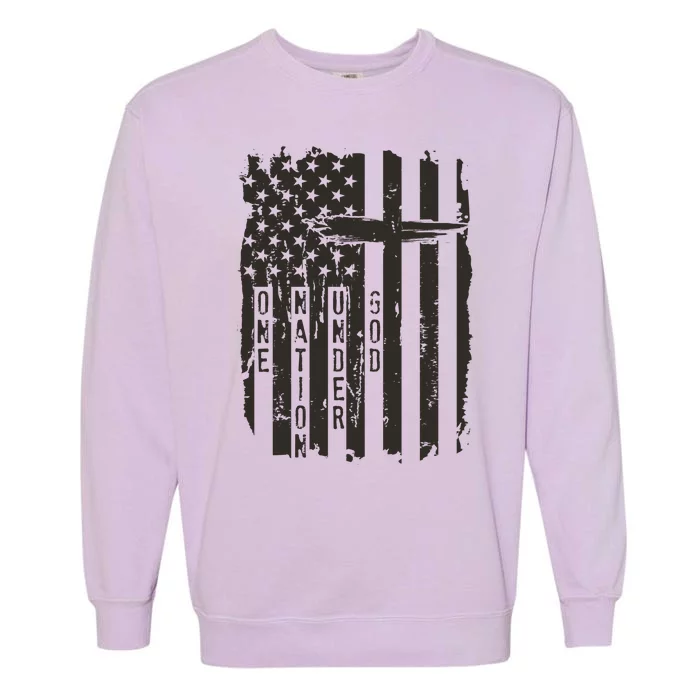 One Nation Under God Grunge Distressed USA American Flag Garment-Dyed Sweatshirt