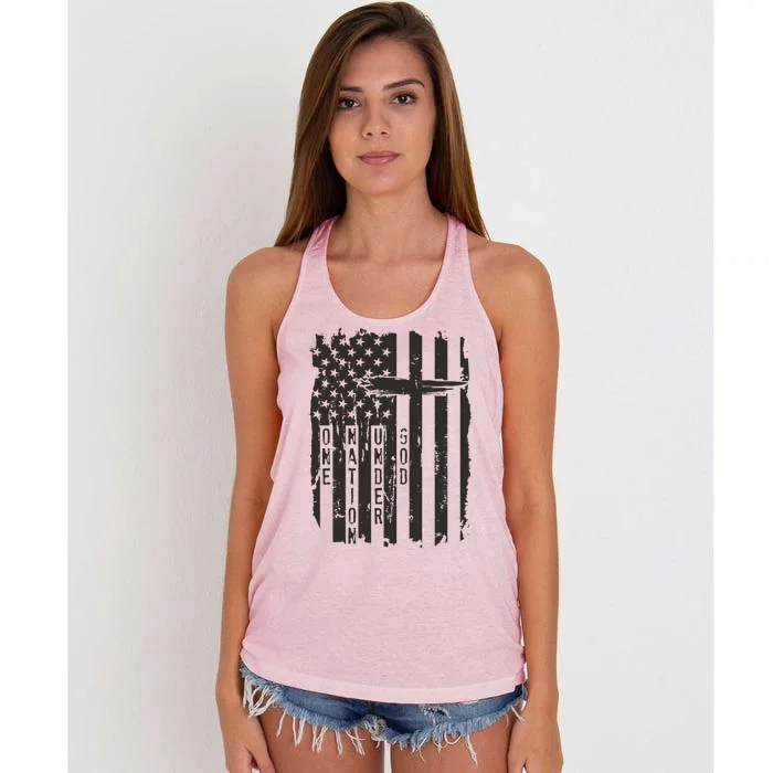 One Nation Under God Grunge Distressed USA American Flag Women's Knotted Racerback Tank