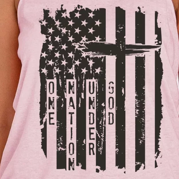 One Nation Under God Grunge Distressed USA American Flag Women's Knotted Racerback Tank