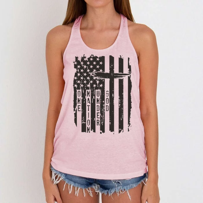 One Nation Under God Grunge Distressed USA American Flag Women's Knotted Racerback Tank