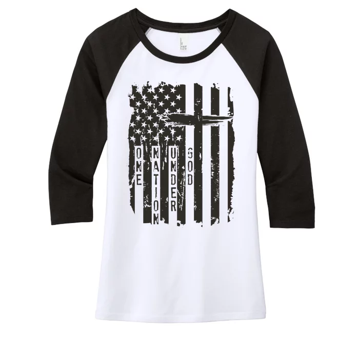 One Nation Under God Grunge Distressed USA American Flag Women's Tri-Blend 3/4-Sleeve Raglan Shirt