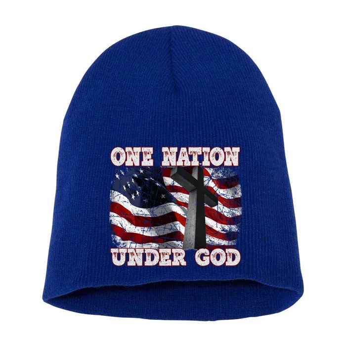 One Nation Under God Patriotic Christian Cross American Flag Cool Gift Short Acrylic Beanie