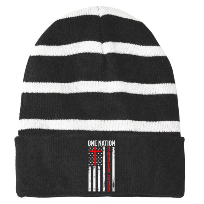 One Nation Under God Patriotic Christian Striped Beanie with Solid Band