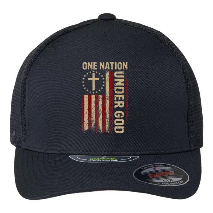 One Nation Under God Flag 4th Of July Patriotic Christian Flexfit Unipanel Trucker Cap