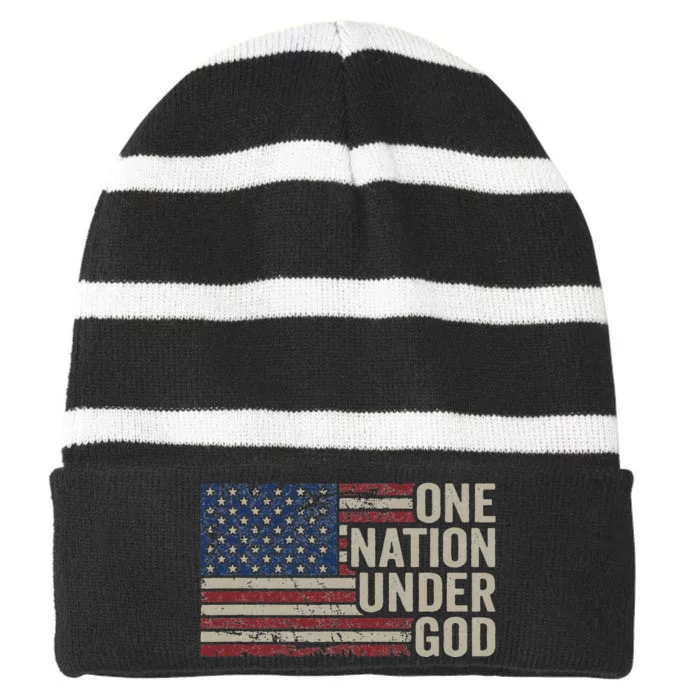 ONE NATION UNDER GOD Christian USA Vintage American Flag Striped Beanie with Solid Band