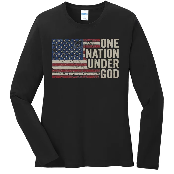 ONE NATION UNDER GOD Christian USA Vintage American Flag Ladies Long Sleeve Shirt