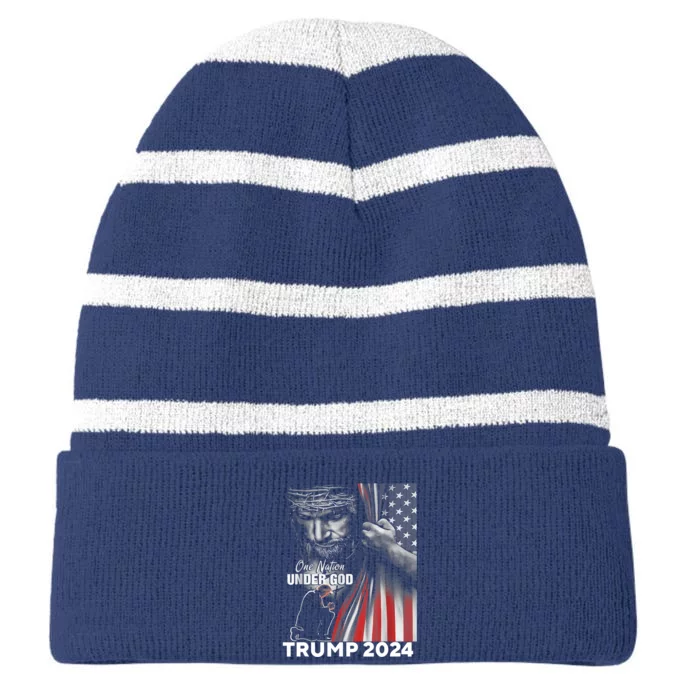 One Nation Under God Trump 2024 God American Flag Striped Beanie with Solid Band