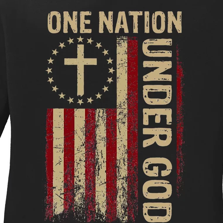 One Nation Under God Flag 4th Of July Patriotic Christian Ladies Long Sleeve Shirt