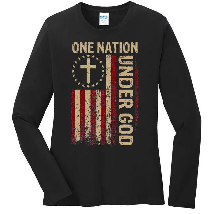 One Nation Under God Flag 4th Of July Patriotic Christian Ladies Long Sleeve Shirt