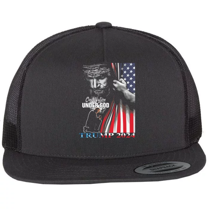 One Nation Under God Trump 2024 God American Flag Flat Bill Trucker Hat