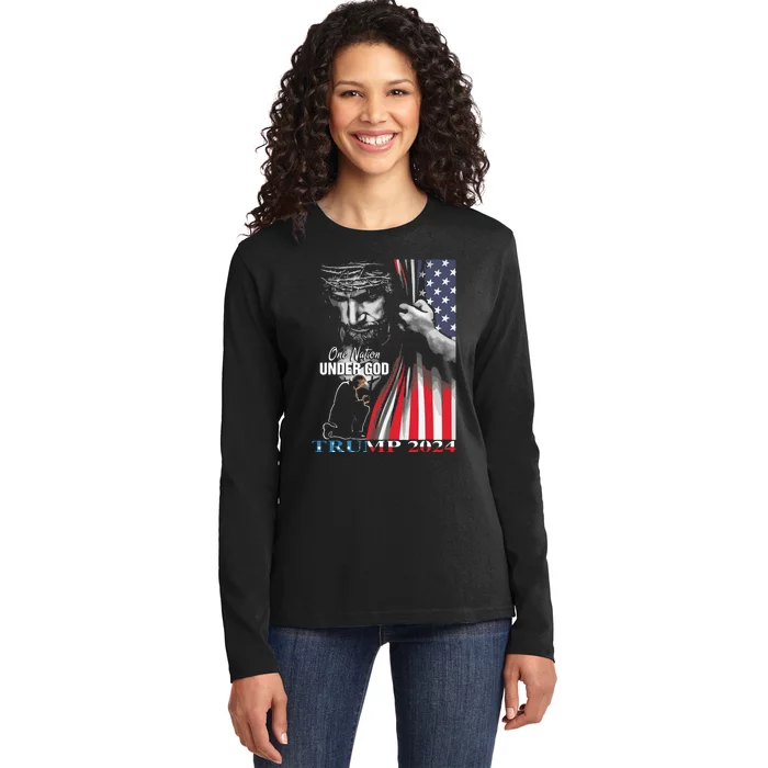 One Nation Under God Trump 2024 God American Flag Ladies Long Sleeve Shirt