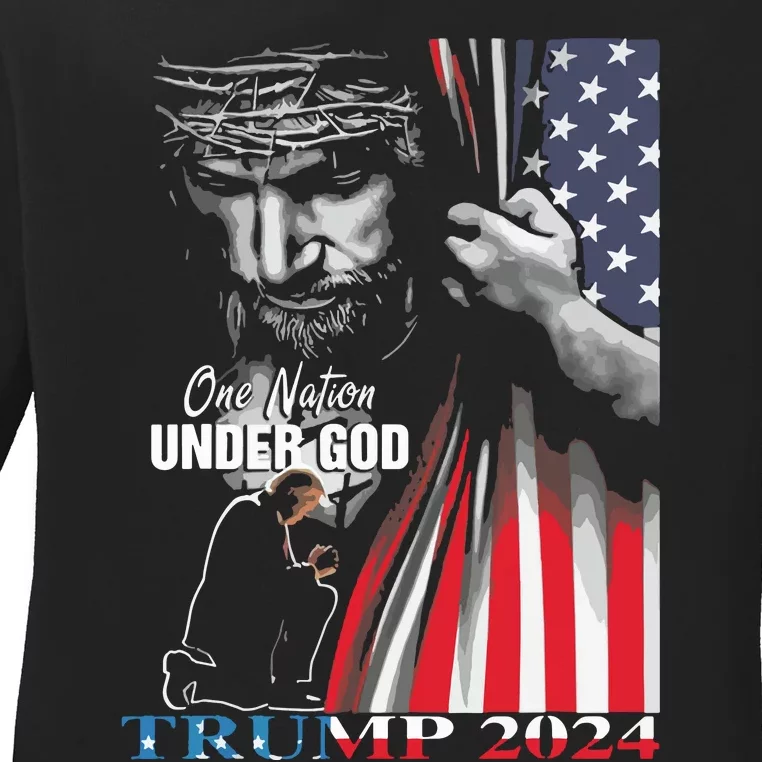 One Nation Under God Trump 2024 God American Flag Ladies Long Sleeve Shirt