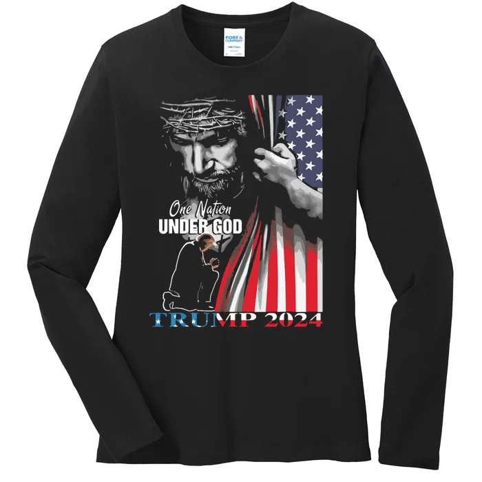 One Nation Under God Trump 2024 God American Flag Ladies Long Sleeve Shirt