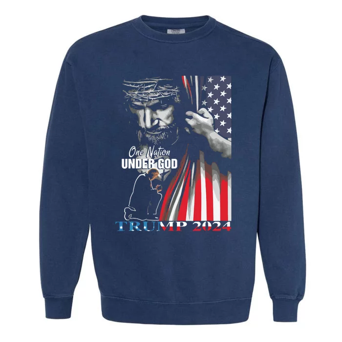 One Nation Under God Trump 2024 God American Flag Garment-Dyed Sweatshirt