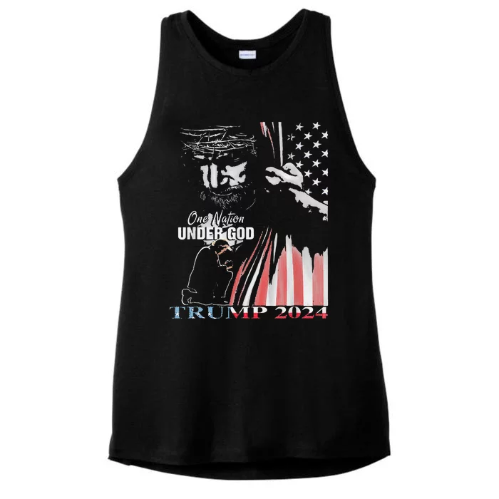 One Nation Under God Trump 2024 God American Flag Ladies Tri-Blend Wicking Tank