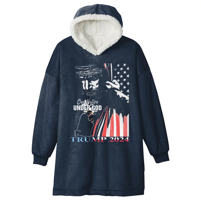 One Nation Under God Trump 2024 God American Flag Hooded Wearable Blanket