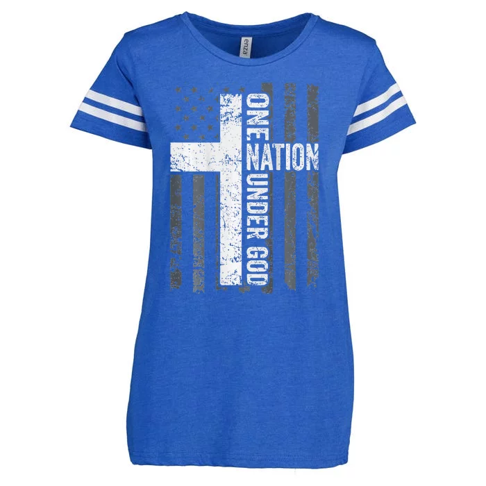 ONE NATION UNDER GOD Christian Worship Cross Flag Enza Ladies Jersey Football T-Shirt