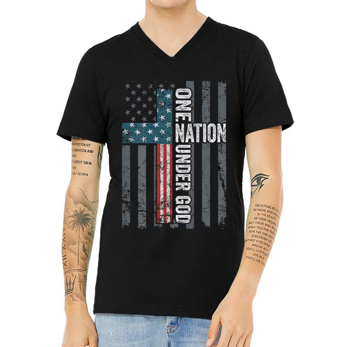 ONE NATION UNDER GOD USA Cross Flag Christian ON BACK V-Neck T-Shirt