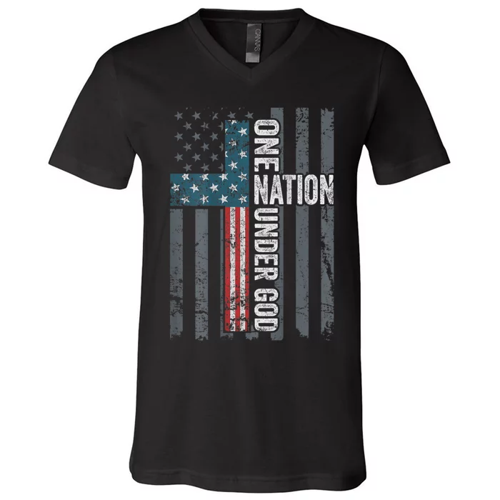 ONE NATION UNDER GOD USA Cross Flag Christian ON BACK V-Neck T-Shirt