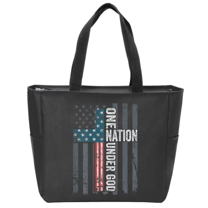 ONE NATION UNDER GOD USA Cross Flag Christian ON BACK Zip Tote Bag