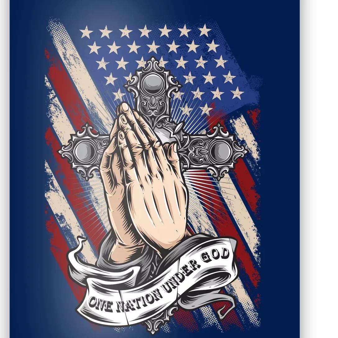 One Nation Under God Praying Hands American Flag Patriotic Latin Cross Poster