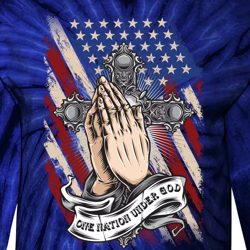 One Nation Under God Praying Hands American Flag Patriotic Latin Cross Tie-Dye Long Sleeve Shirt