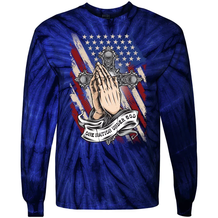 One Nation Under God Praying Hands American Flag Patriotic Latin Cross Tie-Dye Long Sleeve Shirt