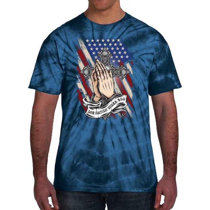 One Nation Under God Praying Hands American Flag Patriotic Latin Cross Tie-Dye T-Shirt