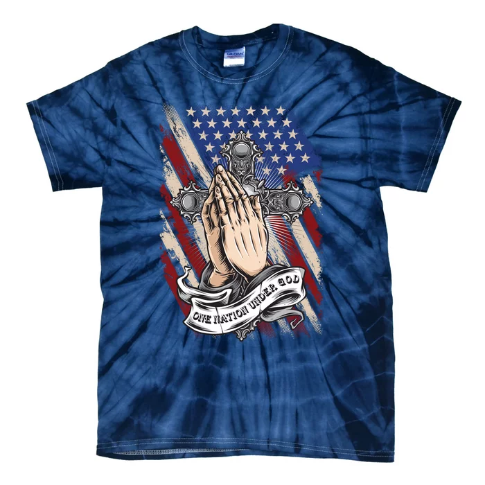 One Nation Under God Praying Hands American Flag Patriotic Latin Cross Tie-Dye T-Shirt