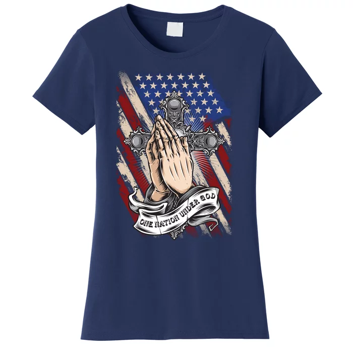 One Nation Under God Praying Hands American Flag Patriotic Latin Cross Women's T-Shirt