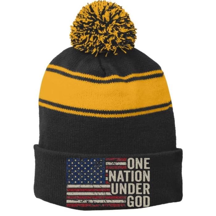 ONE NATION UNDER GOD Christian USA Vintage American Flag Stripe Pom Pom Beanie