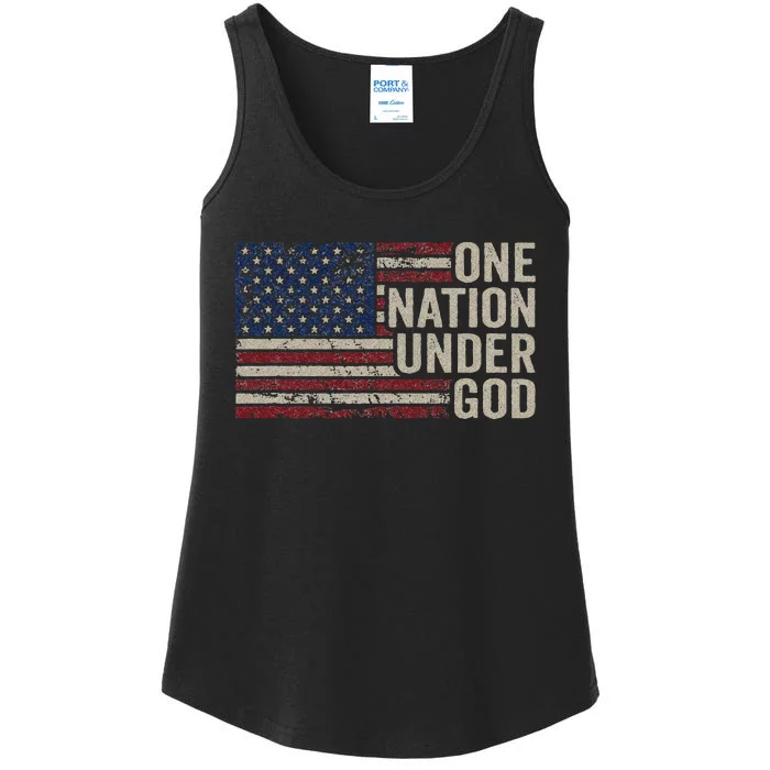 ONE NATION UNDER GOD Christian USA Vintage American Flag Ladies Essential Tank