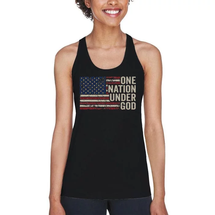 ONE NATION UNDER GOD Christian USA Vintage American Flag Women's Racerback Tank