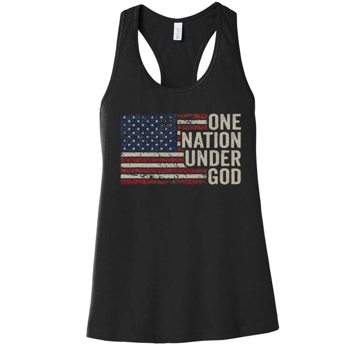 ONE NATION UNDER GOD Christian USA Vintage American Flag Women's Racerback Tank