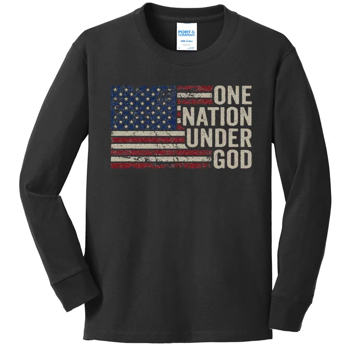 ONE NATION UNDER GOD Christian USA Vintage American Flag Kids Long Sleeve Shirt