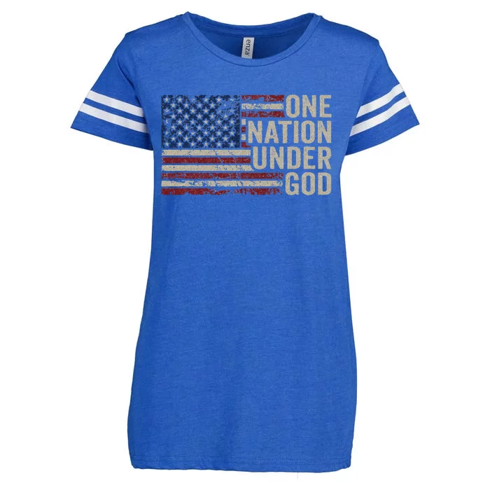 ONE NATION UNDER GOD Christian USA Vintage American Flag Enza Ladies Jersey Football T-Shirt