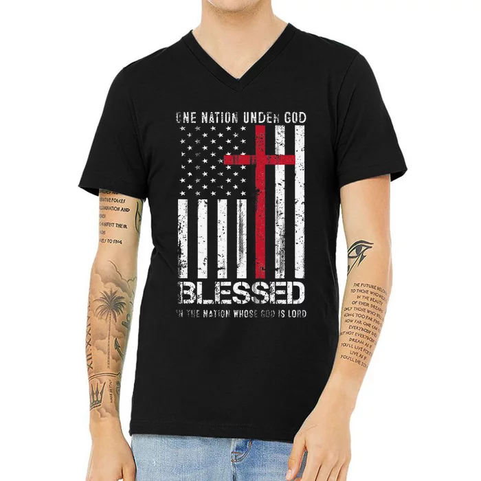 One Nation Under God American Flag Patriotic Christian V-Neck T-Shirt