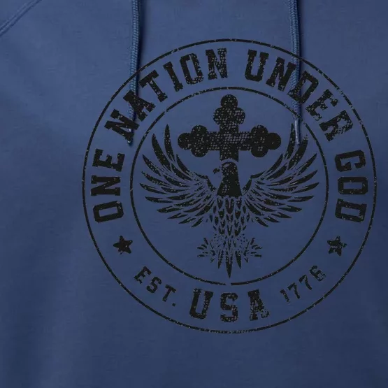 One Nation Under God USA Christian Cross Bald Eagle Performance Fleece Hoodie