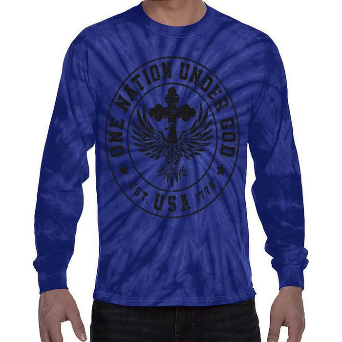 One Nation Under God USA Christian Cross Bald Eagle Graphic Tie-Dye Long Sleeve Shirt