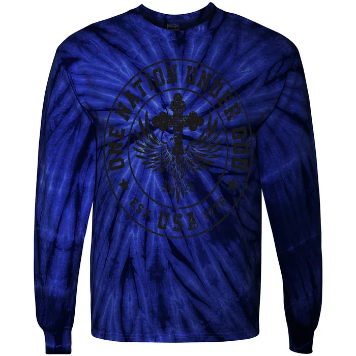 One Nation Under God USA Christian Cross Bald Eagle Graphic Tie-Dye Long Sleeve Shirt