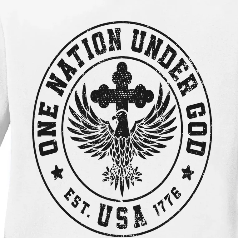 One Nation Under God USA Christian Cross Bald Eagle Graphic Ladies Long Sleeve Shirt