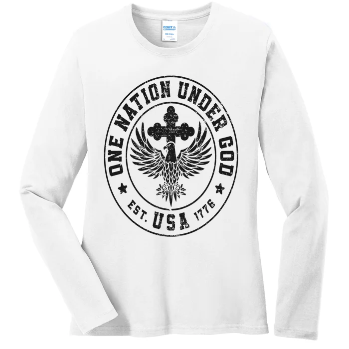 One Nation Under God USA Christian Cross Bald Eagle Graphic Ladies Long Sleeve Shirt