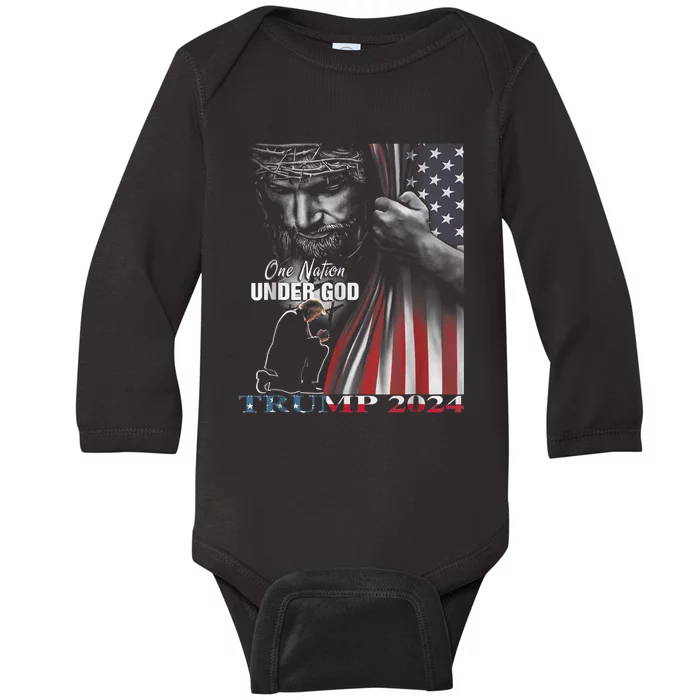 One Nation Under God Trump 2024 God American Flag Baby Long Sleeve Bodysuit